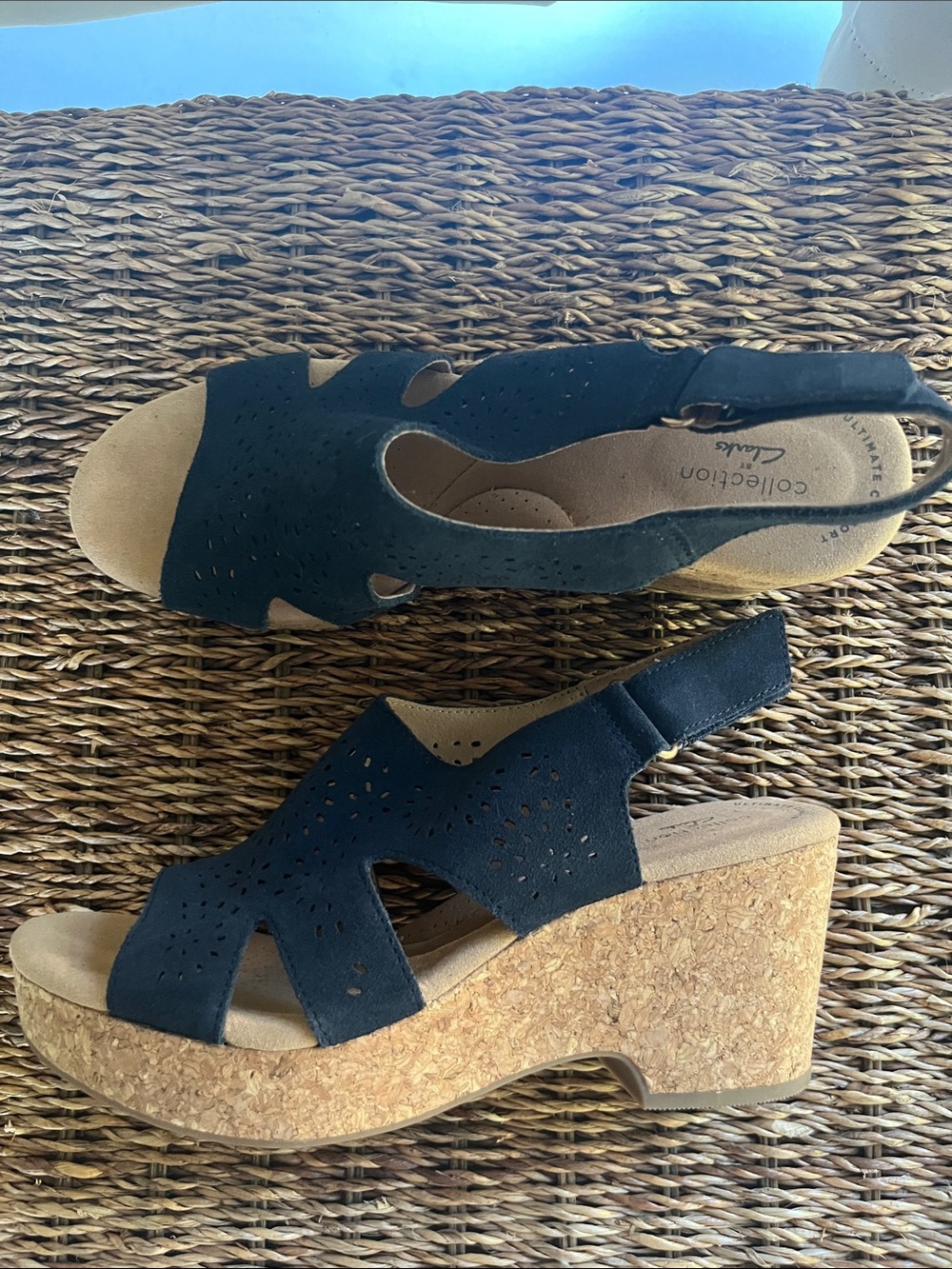 Clarks Navy Perforated Slingback Wedge Sandals
